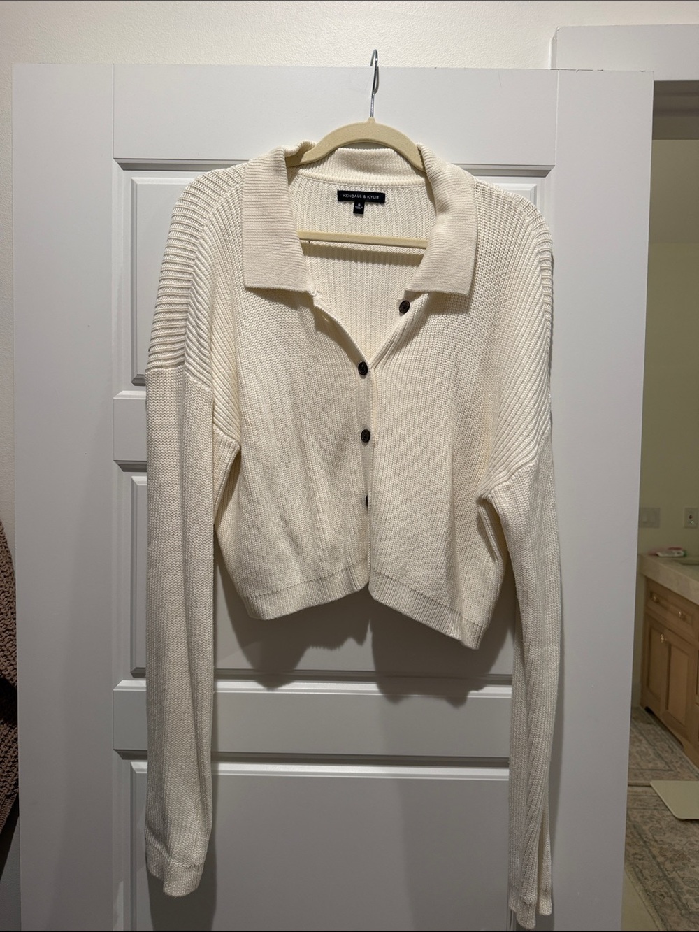 Kendall & Kylie Cream Cropped Polo Cardigan with Dark Buttons